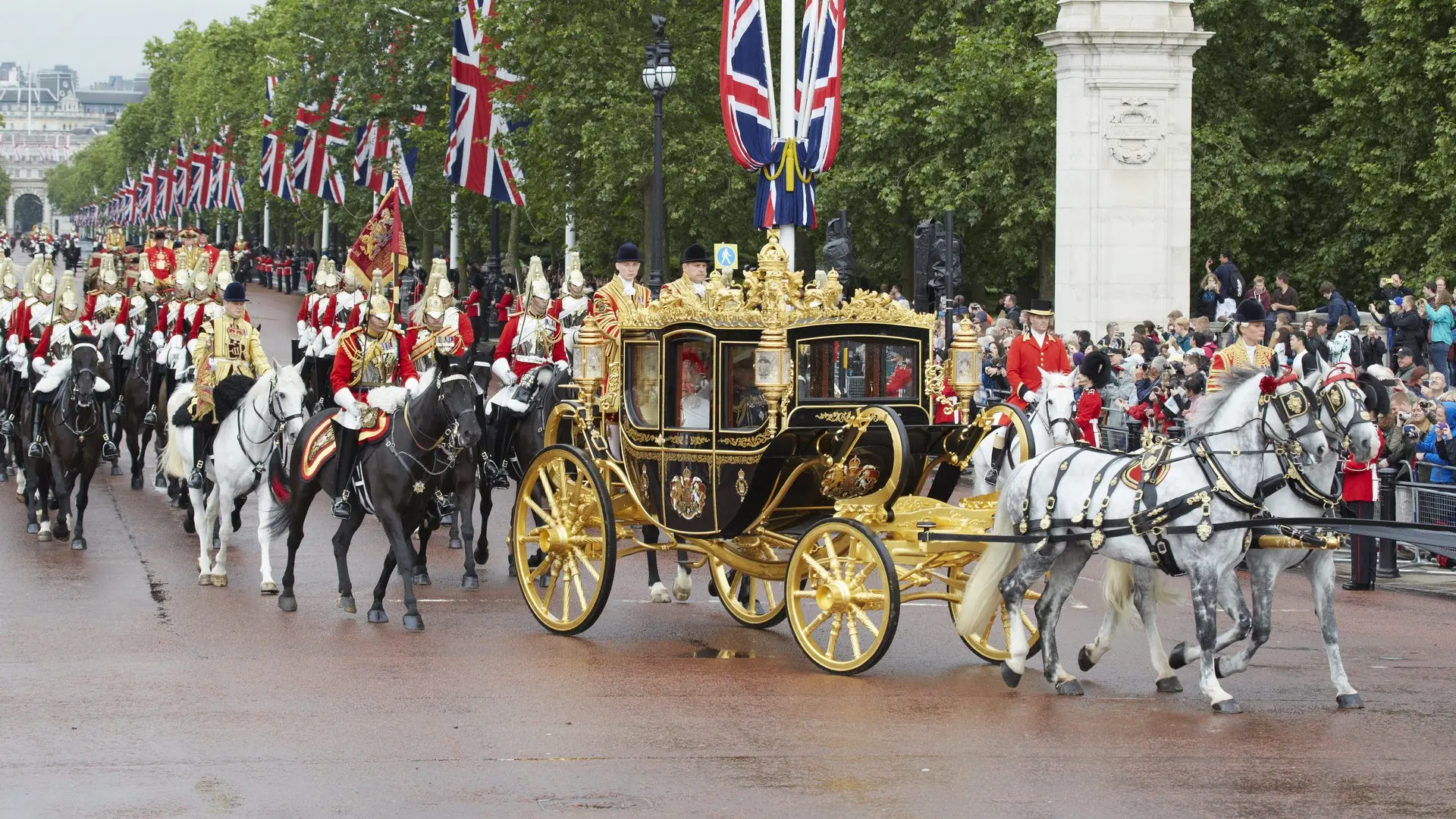 The Household Cavalry, with Coach and horses outside Buckingham Palace